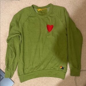 Aviator Nation Olive Green Crewneck Sweater with Red Heart